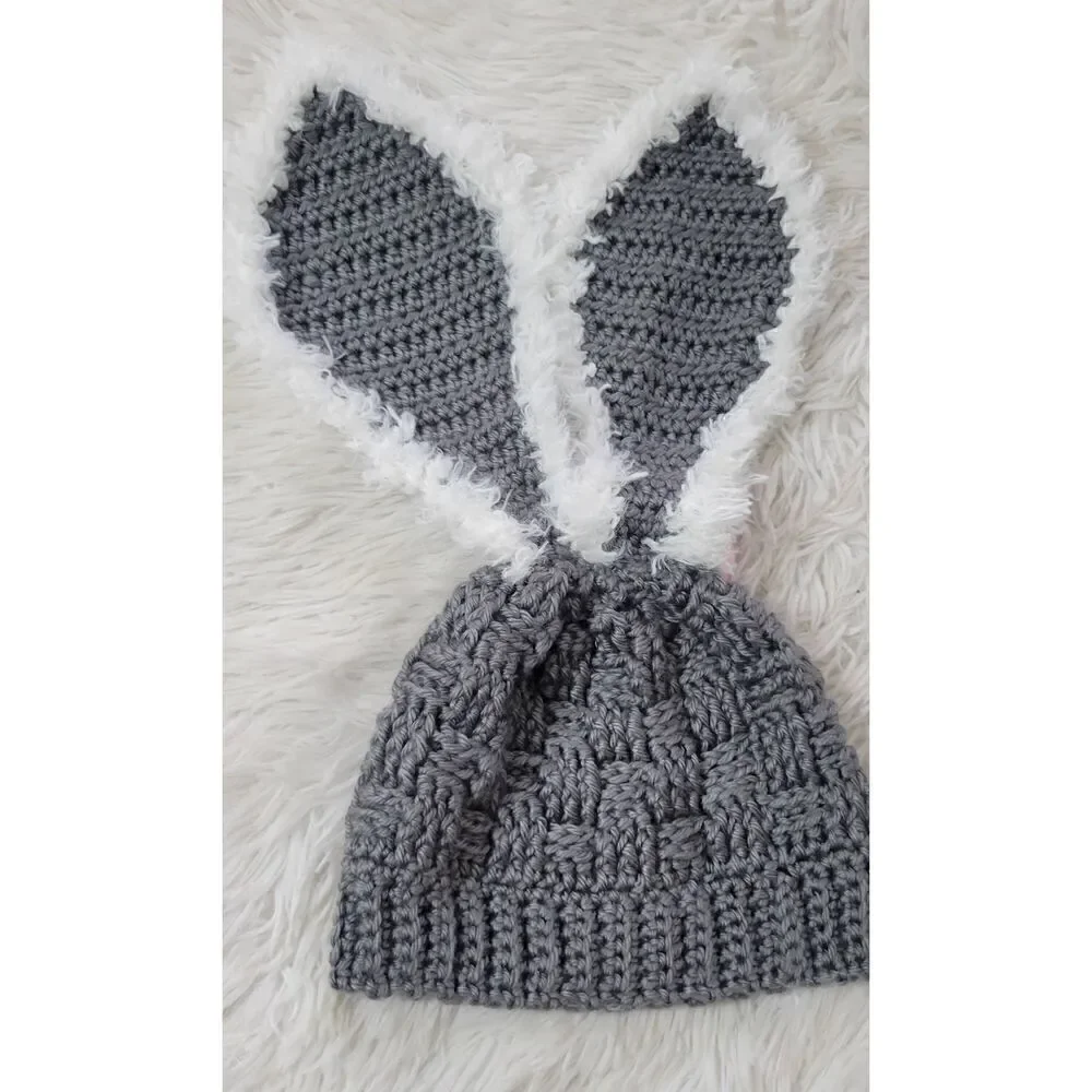 Bunny Hat Crochet Knit Handmade Gray Youth